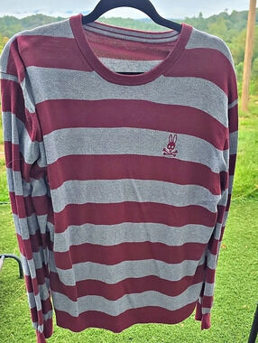 Psycho Bunny Striped Crewneck Sweater in Red & Gray